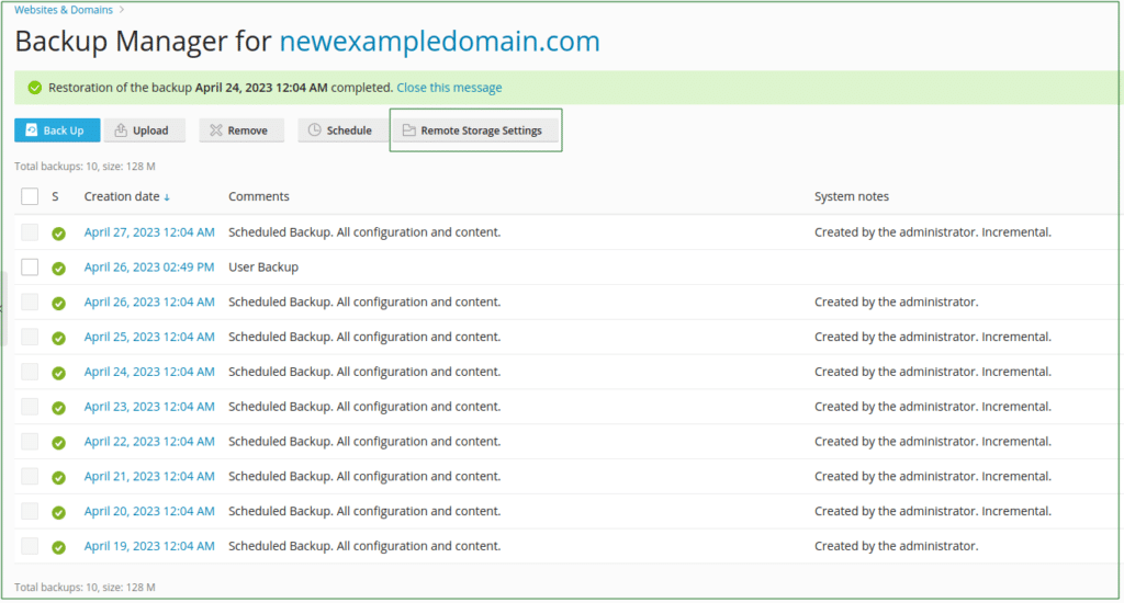 Remote Storage Settings on the Plesk Backup Manager