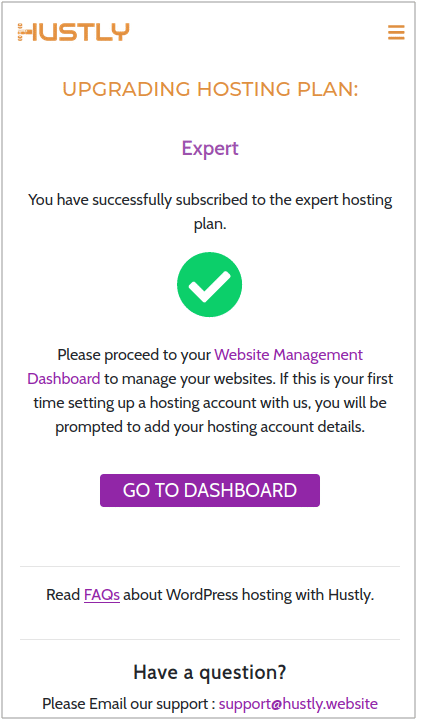 Hustly - Hosting Purchase Successfully
